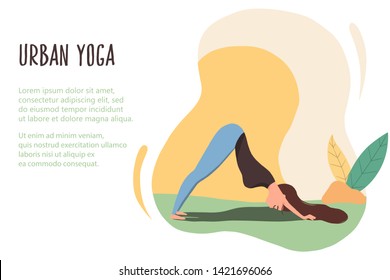 Woman exercising in nature. Vector web page template in flat linear style