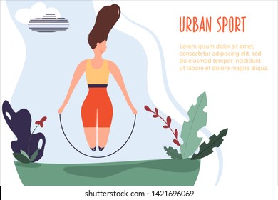 Woman exercising in nature. Vector web page template in flat linear style