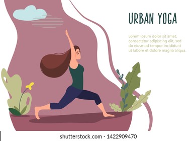 Woman exercising in nature. Vector web page template in flat linear style