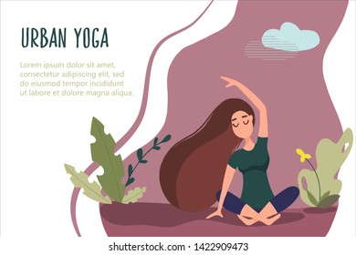 Woman exercising in nature. Vector web page template in flat linear style