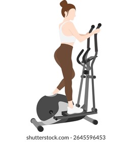 mulher fazendo exercícios em uma máquina elíptica. Exercício de cardio em ambiente de ginástica. Estilo plano moderno.