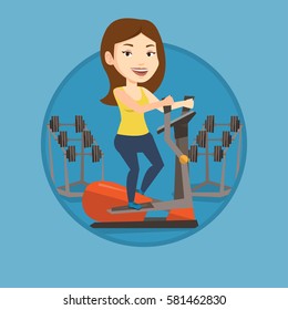 Woman exercising on elliptical trainer. Woman working out using elliptical trainer. Woman doing exercises on elliptical trainer. Vector flat design illustration in the circle isolated on background.