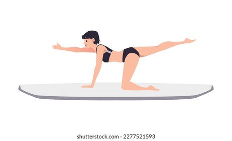 Woman exercising on paddle board, sup yoga concept - flat vector illustration isolated on white background. Character practice paddleboard yoga on water in the sea or lake.