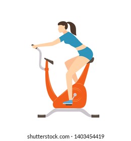 Woman exercising on red stationary bike isolated on white background