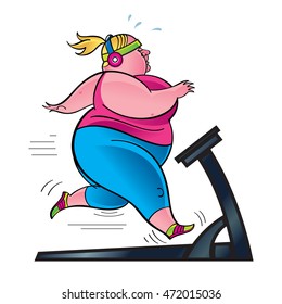 Woman exercising on treadmill, overweight runner in the gym