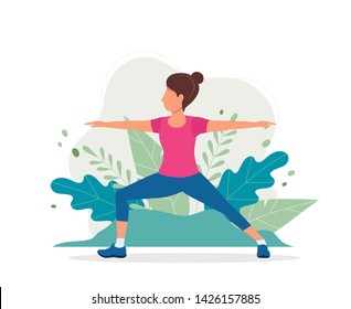 Woman exercising in the park. Vector illustration in flat style, concept illustration for healthy lifestyle, sport, exercising.