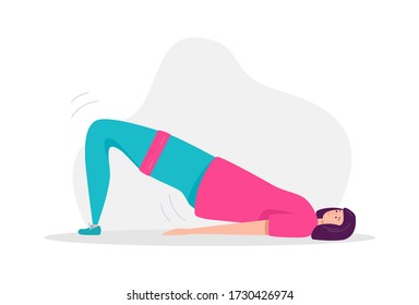 Mujer haciendo ejercicio con una banda de resistencia. Mujer sentada en el suelo haciendo puente de glute. Realce con un bucle de resistencia. Señora trabajando en los músculos de sus piernas. Ilustración vectorial sobre la aptitud física.