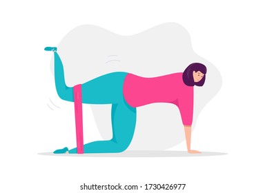 Mujer haciendo ejercicio con una banda de resistencia. Mujer de rodillas y haciendo una prensa en las piernas. Realce con un bucle de resistencia. Señora trabajando en los músculos de sus piernas. Ilustración vectorial sobre la aptitud física.