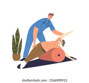 Woman exercising with roller for rehabilitation and recovery. Male doctor helping girl to recover with physiotherapy and do stretching exercises. Rehab physio therapy. Cartoon flat vector illustration