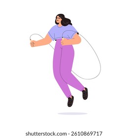 Woman exercising with skipping rope. Female jumping, doing sports, cardio workout, endurance training. Active athletic character in sportswear. Flat vector illustration isolated on white background