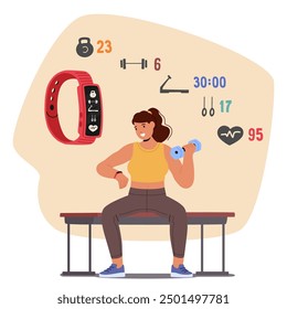 Woman Exercising With A Smartwatch And Fitness App. Character Sitting On A Bench Lifting A Dumbbell, Surrounded By Fitness And Health Icons. Vector Concept Of Health, Fitness, Technology And Wearables