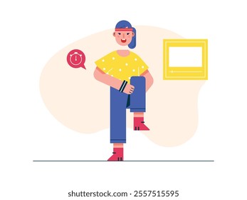 Woman exercising, taking care of her body with sports training. Character design. Vector flat illustration