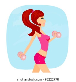 woman exercising with two dumbbell weights on her hands