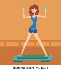 woman exercising with two dumbbell weights on her hands