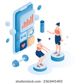 Woman exercising using mobile phone app for checking health indicator vector illustration. Woman character lifting weight, squatting doing cardio training workout. Virtual gym concept
