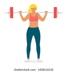 Woman exercising with weights cartoon vector illustration. Female athlete, bodybuilder working out flat character design. Girl power, feminism movement. Person raining, keeping fit, in shape
