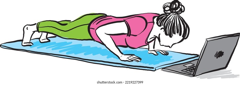 woman exercising and working in front laptop fitness working from home concept vector illustration