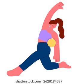 woman exercising with yoga ball balance training, core workout, and healthy lifestyle concept, flat vector illustration