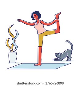 Woman exercising yoga at home in morning. Meditation practice. Cartoon female doing stretching and breathing workout. Healthy lifestyle and fitness activities concept. Linear vector illustration