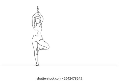 mulher exercitando ioga pé árvore pose uma linha desenho mão contínua desenhado minimalismo copiar espaço