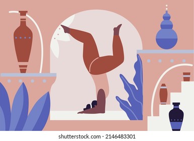 Woman exercising yoga vector illustration. Yogis in poses, woman practicing asana texture. Relaxing environment. Concept of meditation. Beautiful room and plants. Cartoon flat style. Healthy lifestyle