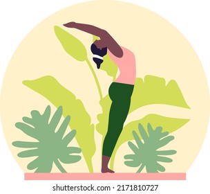 Woman exercising yoga vector illustration. Yogis in poses, woman practicing asana texture background of abstract tropical leaves.  Concept summer yoga. Cartoon flat style. Healthy lifestyle