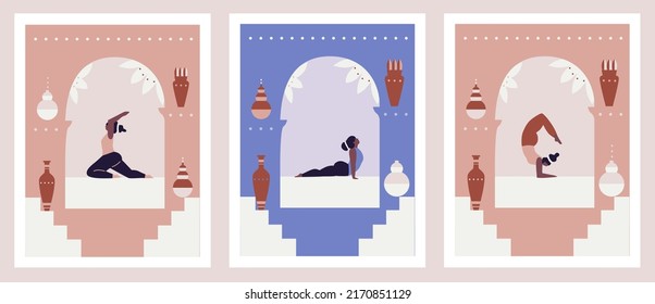 Woman exercising yoga vector set illustration. Yogis in poses meditation vector logo illustration. Inspirational Yoga art. Yoga logo, boho print, poster. Cartoon flat style. Isolated hand drawn object