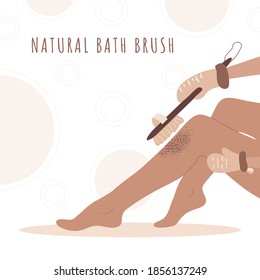 Woman exfoliating legs with dry wooden brush. Home body care. Skin health. Vector illustration in cartoon style.