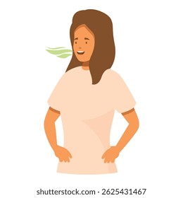 Woman exhaling bad breath with green stinky cloud, halitosis and oral hygiene concept