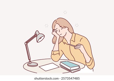 A woman exhausted from studying for exams. man tired studying and sleeping on his desk.Hand drawn style vector design illustrations.	