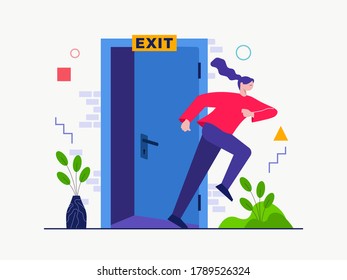 Woman exits from room, logging out from her account. Vector illustration about Sign Up & Register flow.