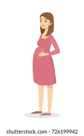 Woman expecting baby. Pregnant woman standing on white.
