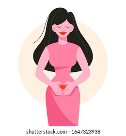 Woman expecting a baby. Smiling woman with her palm on belly. Early signs of pregnancy. Isolated flat vector illustration