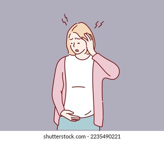  woman expecting a baby, touching pregnant belly tired rubbing nose and eyes feeling fatigue and headache. Hand drawn style vector design illustrations.