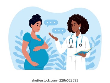 A woman expecting a baby visits the doctors office, examination during pregnancy. A pregnant woman is talking to an obstetrician gynecologist. Consultation and examination during pregnancy concept.