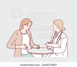 A woman expecting a baby visits the doctors office, examination during pregnancy. A pregnant woman is talking to an obstetrician gynecologist. Hand drawn style vector design illustrations.