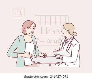 Una mujer que espera un bebé visita el consultorio del médico, y es examinada durante el embarazo. Una mujer embarazada está hablando con un ginecólogo obstetra. Ilustraciones de diseño de Vector dibujado a mano.