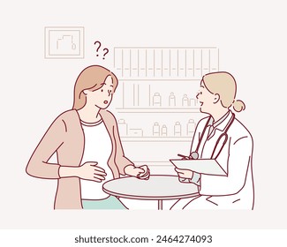 A woman expecting a baby visits the doctors office, examination during pregnancy. A pregnant woman is talking to an obstetrician gynecologist. Hand drawn style vector design illustrations.