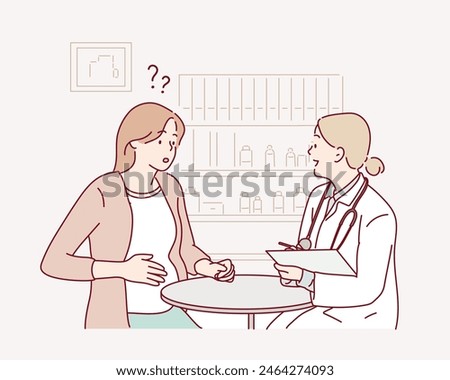 A woman expecting a baby visits the doctors office, examination during pregnancy. A pregnant woman is talking to an obstetrician gynecologist. Hand drawn style vector design illustrations.