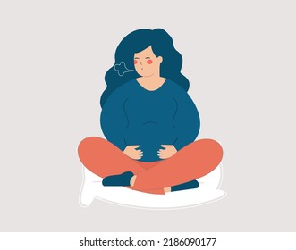 Woman expecting a child and practices some a breathing exercice. Pregnant sits in yoga pose lotus and makes a exhale. Concept of maternity wellbeing and respiratory system. Vector illustration