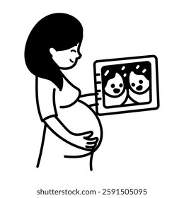 Woman expecting twin pregnancy, doodle icon
