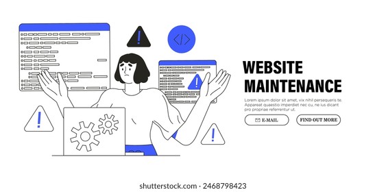 Woman experience technical problems with laptop, computer. Concept operating system, server or website error. Female character has problems with website, business account, software or program crash.