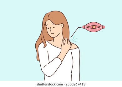 Woman experienced neck pain after nerve was pinched between vertebrae, caused by uncomfortable pillow. Problem of pain in neck torments girl in need of massage therapist or orthopedic place to sleep