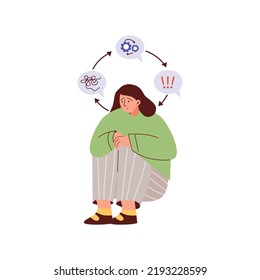 Woman experiences anxiety as a result of OCD syndrome. Obsessive compulsive disorder patient with anxious thoughts, flat vector illustration isolated on white background.