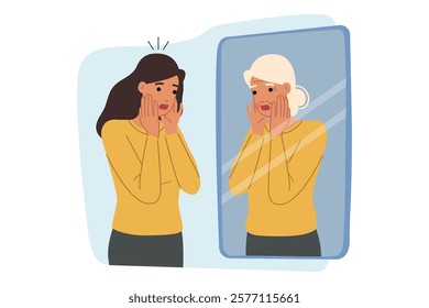 Woman experiences fear of aging, looks in mirror and sees gray hair and wrinkles on face. Psychological trauma causes fear of aging in girl who needs help of psychotherapist or antidepressants