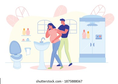 Woman Experiences Nausea during Pregnancy and Husband Supports and Comforts her. Young Couple Expecting Child Cartoon Characters. Family Love and Caring Relations. Flat Vector Illustration.