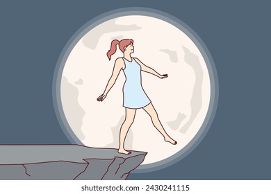 Woman experiences nightmare at night, imagining falling off cliff during full moon, due to presence of sleepwalking syndrome. Nightmare of young person at risk of injury due to psychological disorder