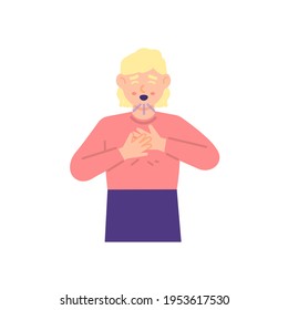 a woman experiences shortness of breath or asthma. hands holding the chest and difficulty breathing. expression of a person whose chest is sick or unwell. flat style. vector design element