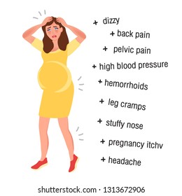 A woman experiences side effects of pregnancy. Vector illustration of diseases during pregnancy