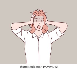 Woman is experiencing anxiety, fear, anger, exhaustion and so many emotions. Facial expression concept. Hand drawn in thin line style, vector illustrations.